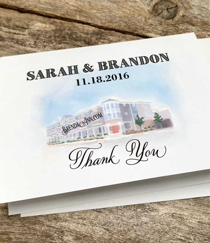 Bulk Watercolor Wedding Thank You Cards with Envelopes - Choose Your Venue - Custom Wording - Shown: The Reeds at Shelter Haven in Stone Harbor, NJ