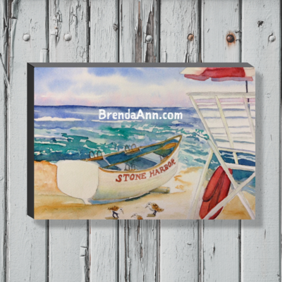Lifeguard Boat on Stone Harbor Beach Watercolor Print - 1.25&quot; Deep Canvas Gallery Wrapped New Jersey Beach House Art Gift