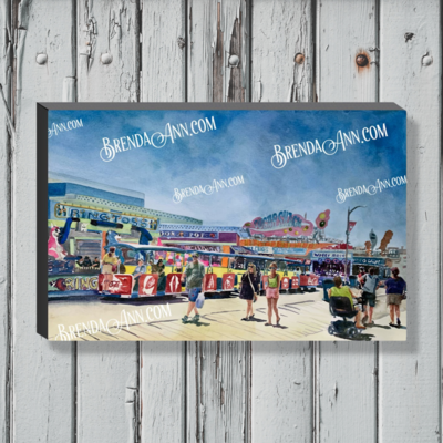 Tramcar  on the Boardwalk Watercolor Print - 1.25" Deep Canvas Gallery Wrapped Wildwood New Jersey Beach House Art Gift