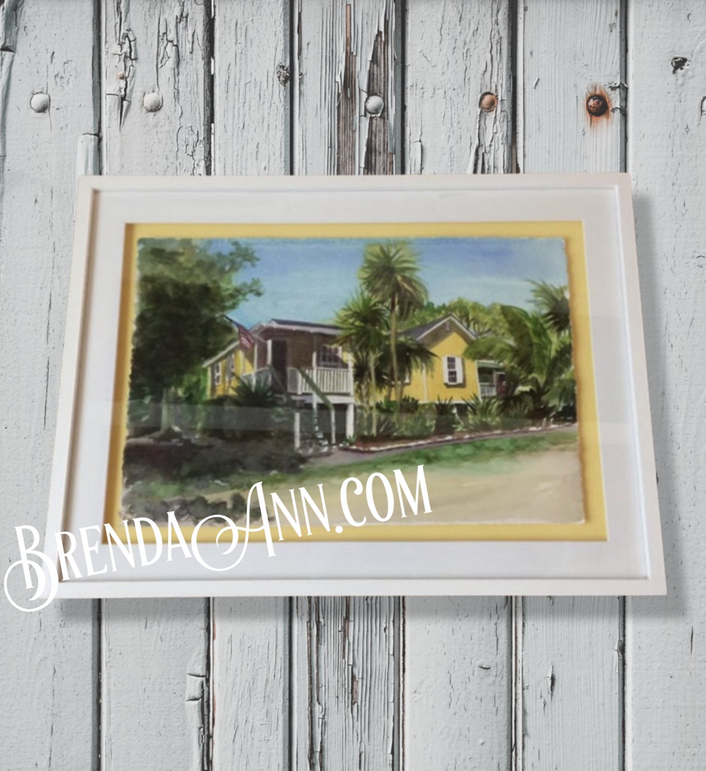 Key West Art - Yellow Cottage on Pigeon Key FRAMED ORIGINAL Watercolor Painting