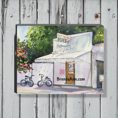 Pepe&#39;s Cafe Watercolor Print - 1.25&quot; Deep Canvas Gallery Wrapped Key West Florida Keys Beach House Art Gift