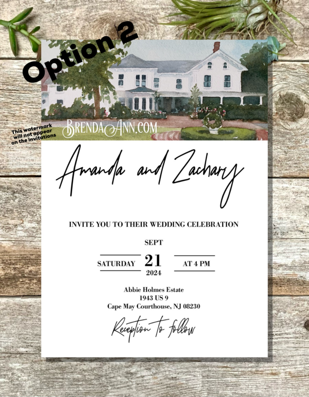Set of 25 Abbie Holmes Estate Ocean View NJ Watercolor Wedding Invitations