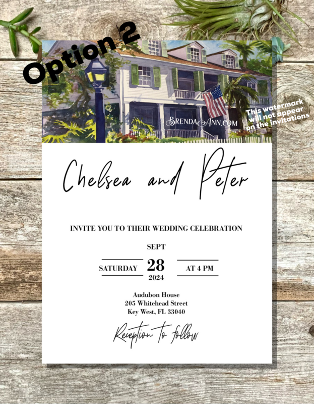 Set of 25 Audubon House Key West Watercolor Wedding Invitations