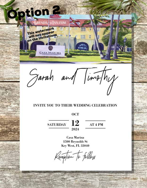 Set of 25 Casa Marina Key West Watercolor Wedding Invitations