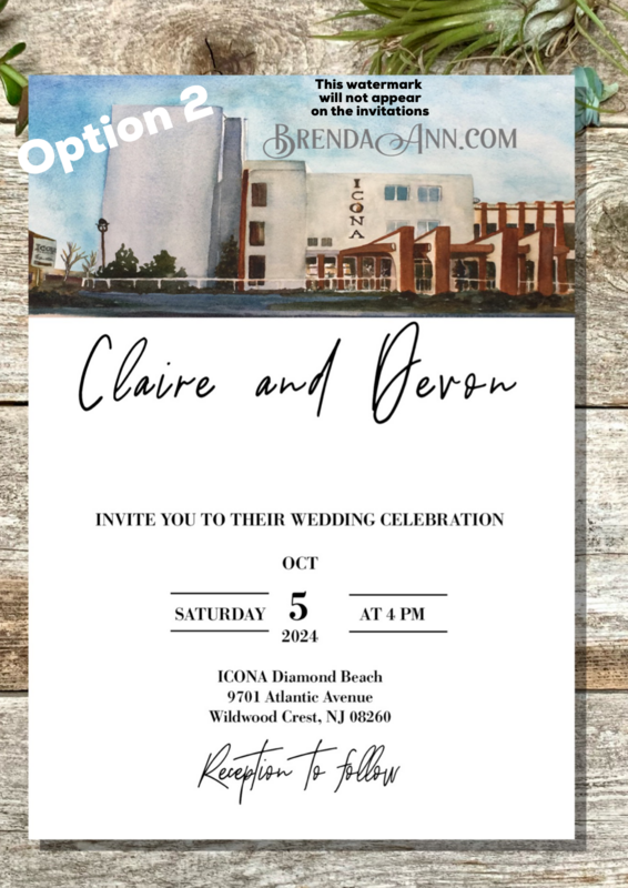 Set of 25 ICONA Diamond Beach Wildwood Crest NJ Watercolor Wedding Invitations