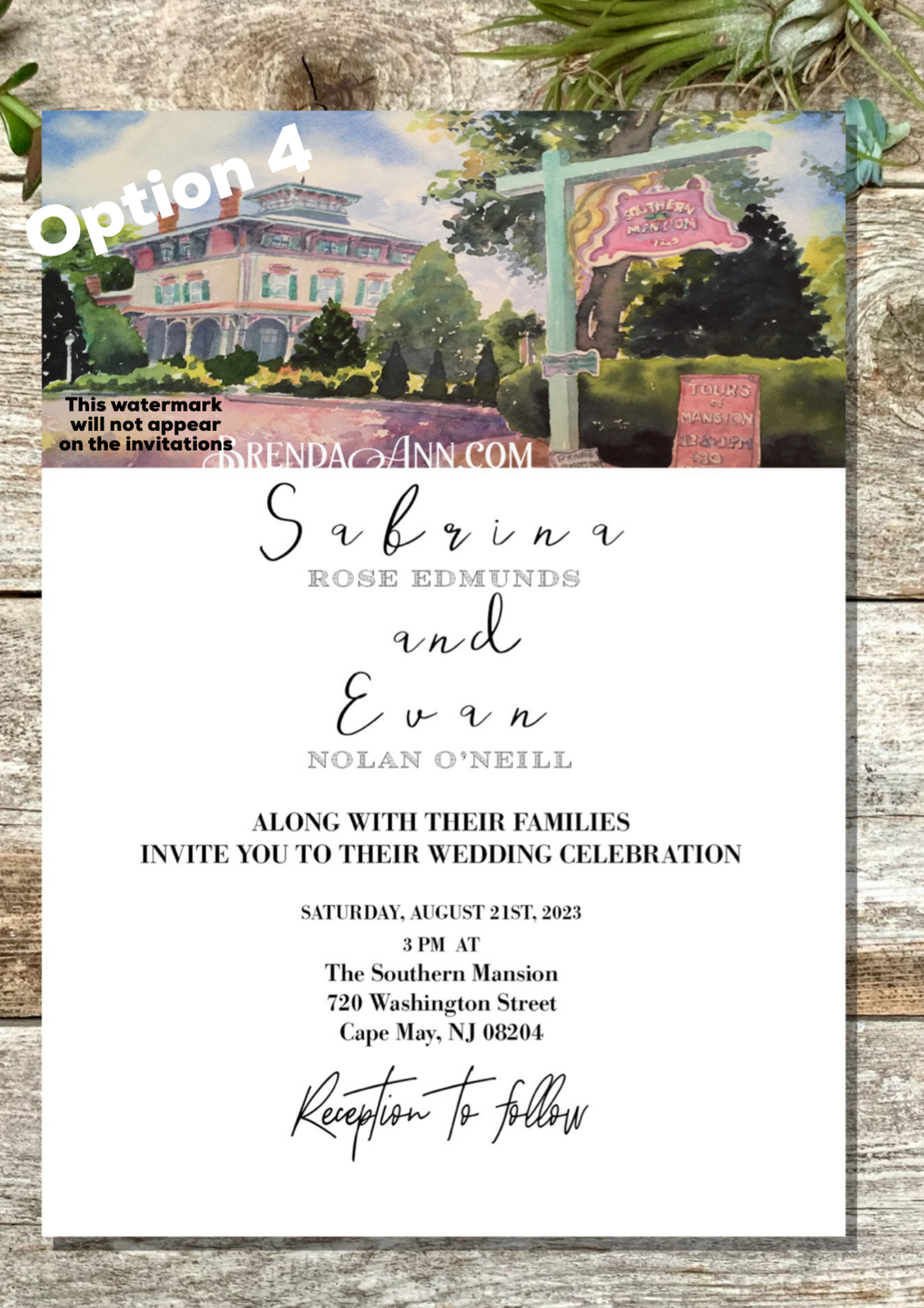 Set of 25 Southern Mansion Cape May NJ Watercolor Wedding Invitations