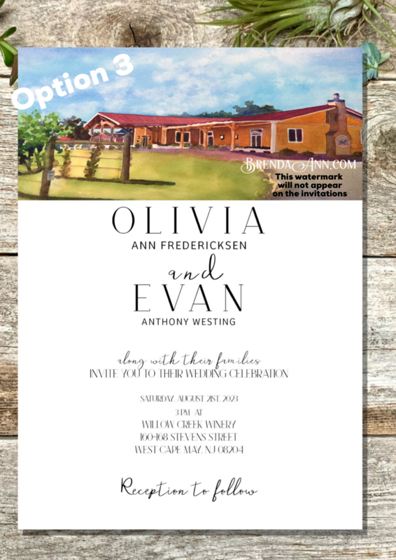 Set of 25 Willow Creek Winery Cape May NJ Watercolor Wedding Invitations