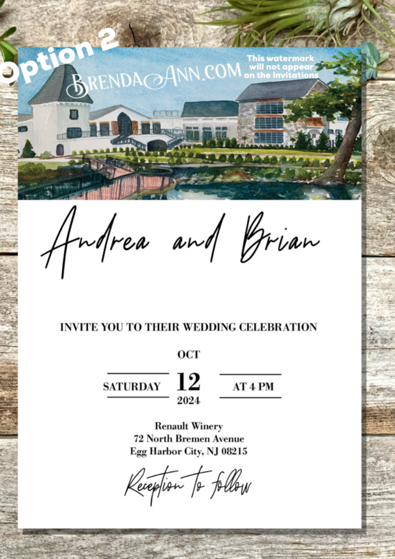 Set of 25 Renault Winery Egg Harbor City, NJ Watercolor Wedding Invitations