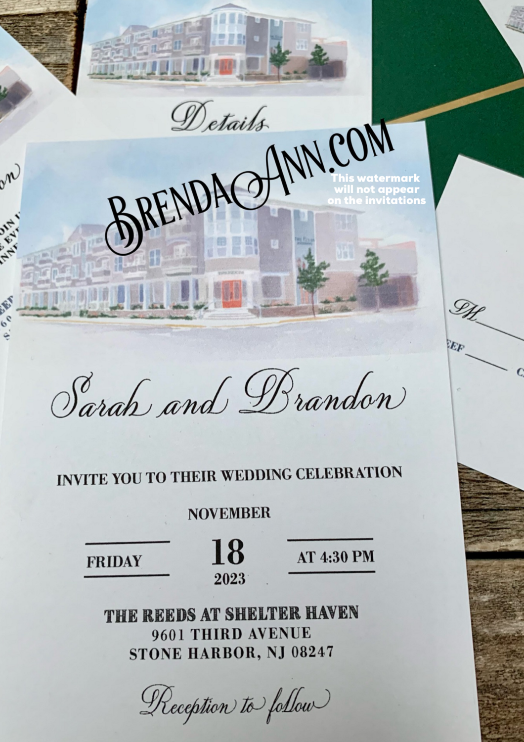Set of 25 The Reeds at Shelter Haven Stone Harbor NJ Watercolor Wedding Invitations