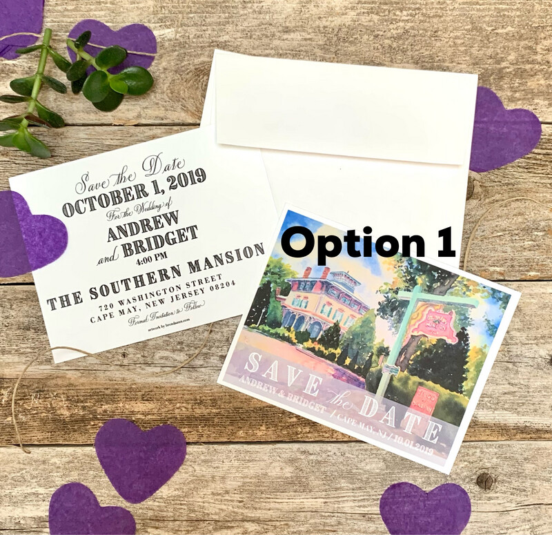 Southern Mansion Cape May NJ Watercolor Wedding Save the Date Cards