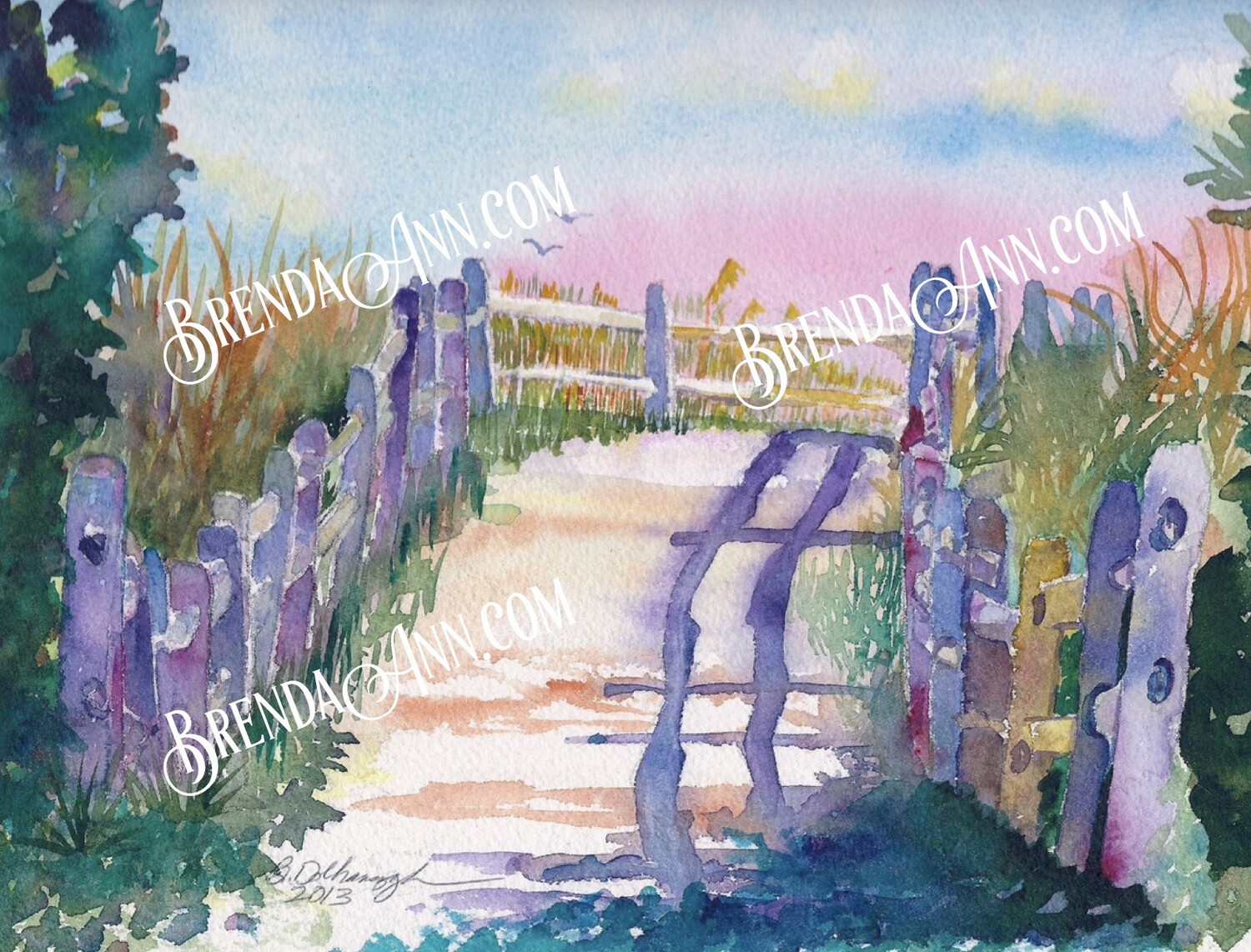 Stone Harbor Art - Purple Fences on the Beach Watercolor Print