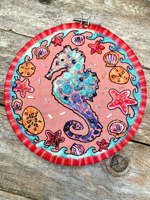 Seahorse And Shells 6” Hoop - One-of-a-Kind Hand-Sewn Artwork (not a kit)