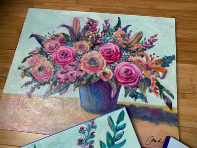 Garden Rose and Lily Acrylic Painting -  UNFRAMED ORIGINAL Acrylic Flower Painting on Canvas