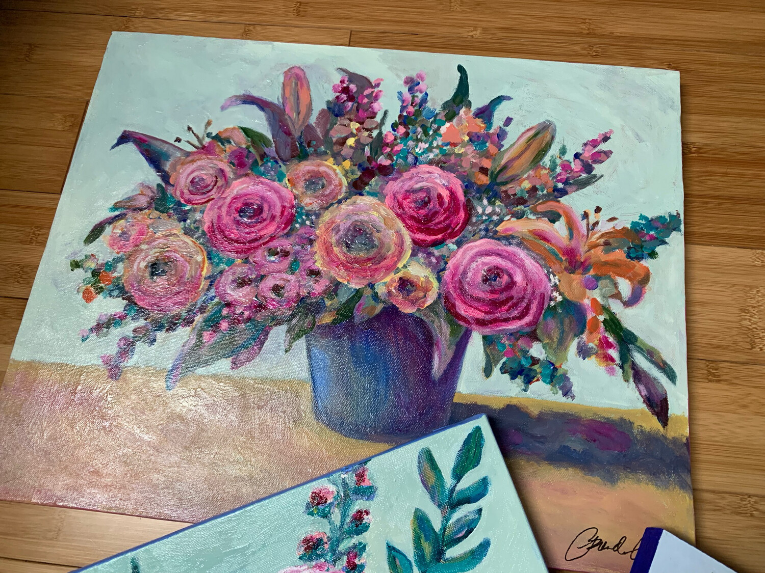Garden Rose and Lily Acrylic Painting -  UNFRAMED ORIGINAL Acrylic Flower Painting on Canvas