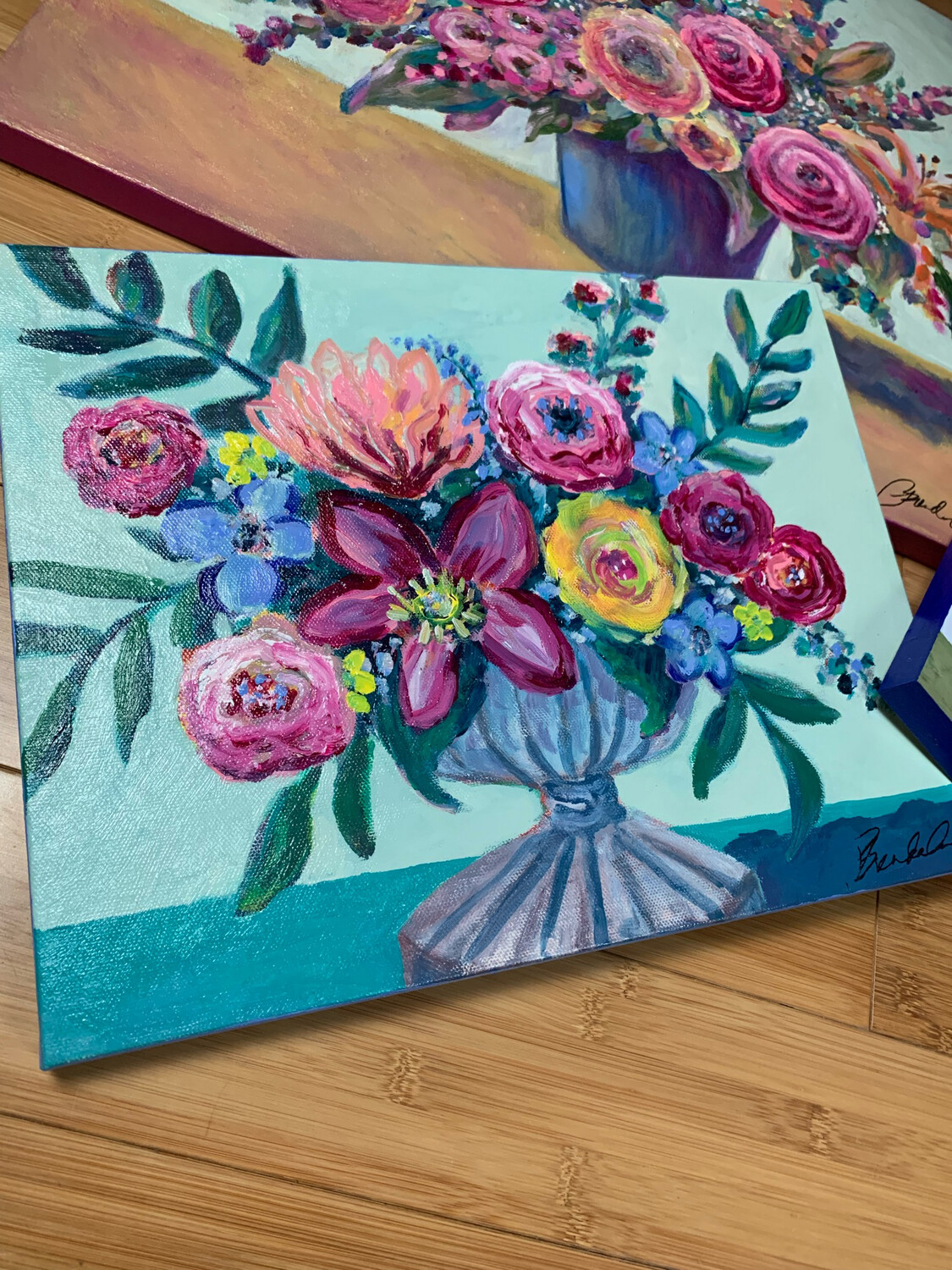 Ranunculus Compote Vase UNFRAMED ORIGINAL Acrylic Flower Painting on Canvas