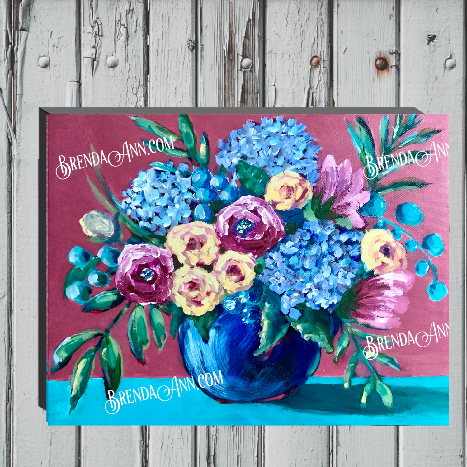Flower Art - Blue Hydrangea Bowl Canvas Gallery Wrapped Print