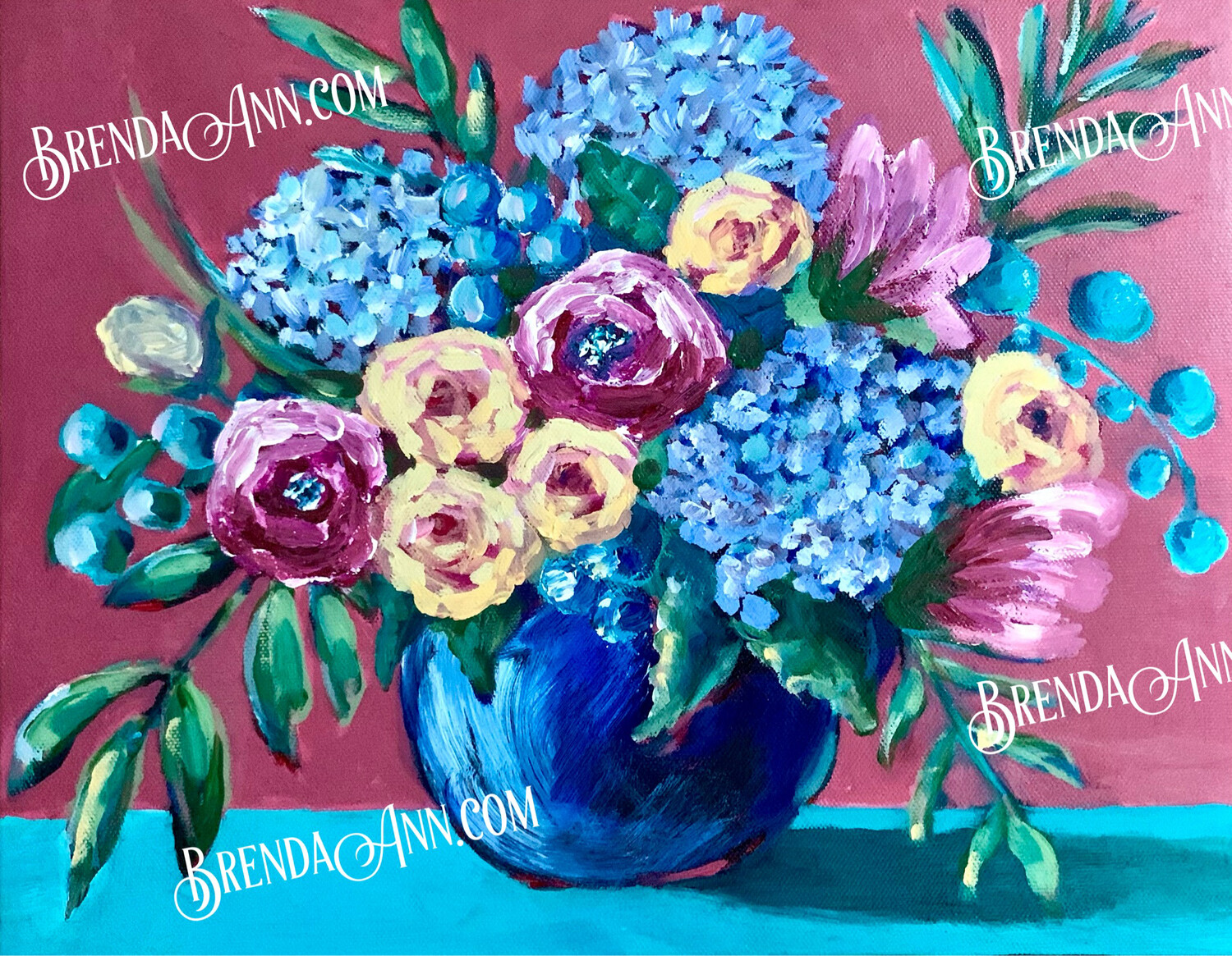 Flower Art - Blue Hydrangea Bowl UNFRAMED ORIGINAL Acrylic Painting on Canvas