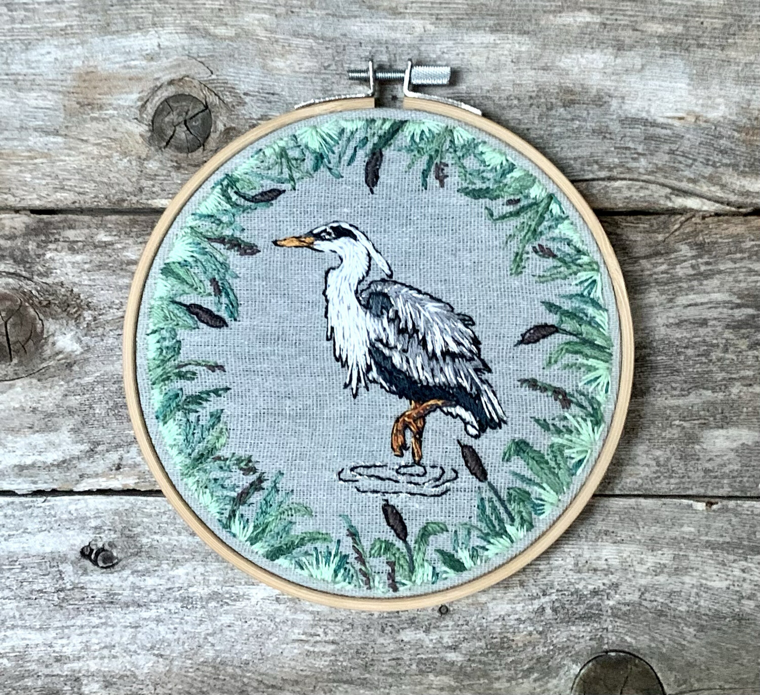 Heron And Grasses 6” Hoop - One-of-a-Kind Hand-Sewn Artwork (not a kit)