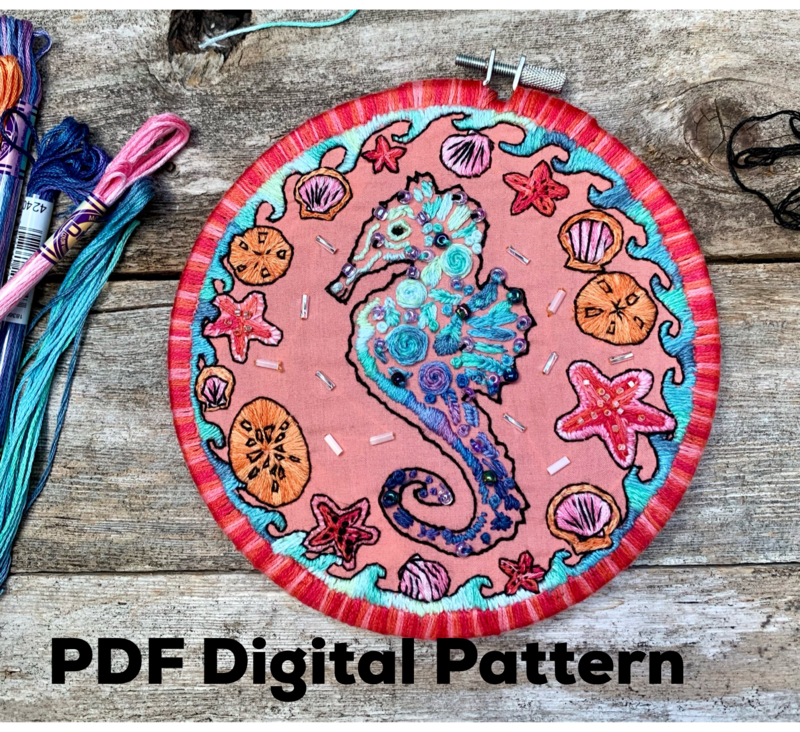 Seahorse and Shells Modern Embroidery Digital Instant Download - PDF Pattern - DIY Beginner/Intermediate