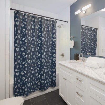 Starfish and Seashells Navy Blue Shower Curtain for Bathroom