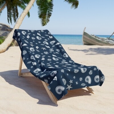 Starfish and Seashells Navy Blue Beach Towel - Cute Summer Towel for the Bathroom Pool or Beach
