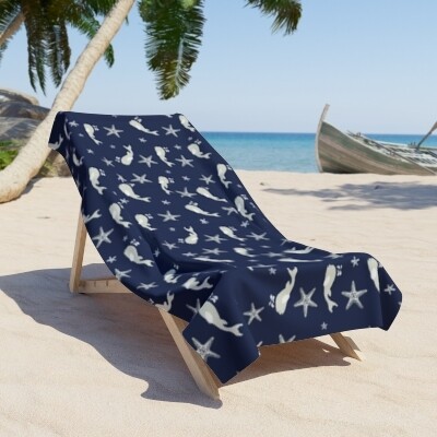 Starfish and Whale Navy Blue Beach Towel - Cute Summer Towel for the Bathroom Pool or Beach