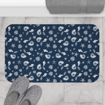 Starfish and Seashells Navy Blue Bathmat - Cute Nautical Bath Mat for Shower and Bathroom