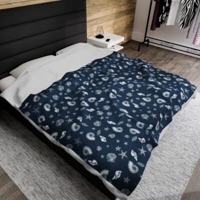 Starfish and Seashells Navy Blue Velveteen Plush Blanket - Size Shown: 60 x 80 inches