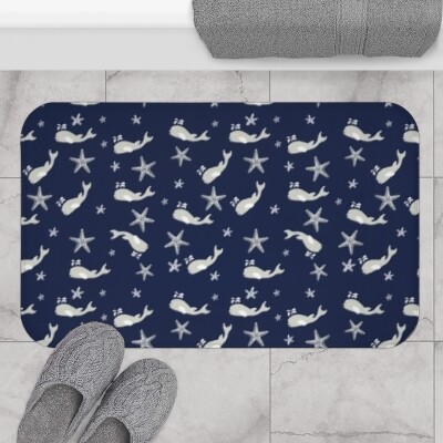 Starfish and Whale Navy Blue Bathmat - Cute Nautical Bath Mat for Shower and Bathroom
