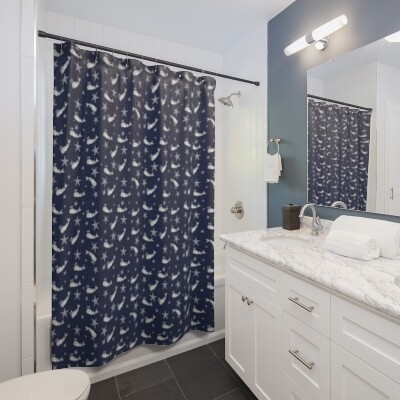 Starfish and Whale Navy Blue Shower Curtain for Bathroom