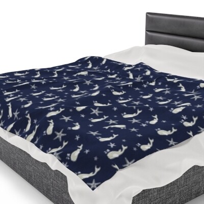 Starfish and Whale Navy Blue Velveteen Plush Blanket - Size Shown: 60 x 80 inches