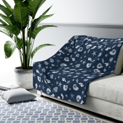 Starfish and Seashells Navy Blue Sherpa Fleece Blanket - Ultra Soft and Cozy Throw Blanket