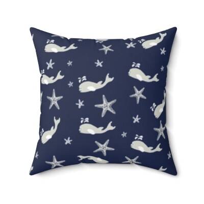 Starfish and Whale Navy Blue Spun Polyester Square Pillow