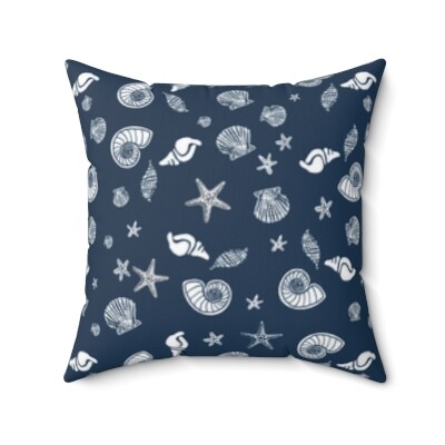 Starfish and Seashells Navy Blue Spun Polyester Square Pillow