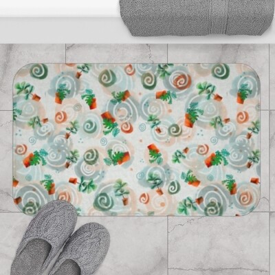 Aqua Fig Monstera Swirls Bathmat - Cute Plants Bath Mat for Shower and Bathroom