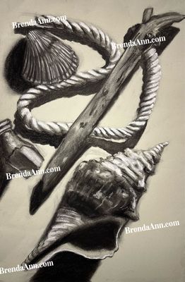Nautical Art - Driftwood &amp; Seashells Charcoal Print