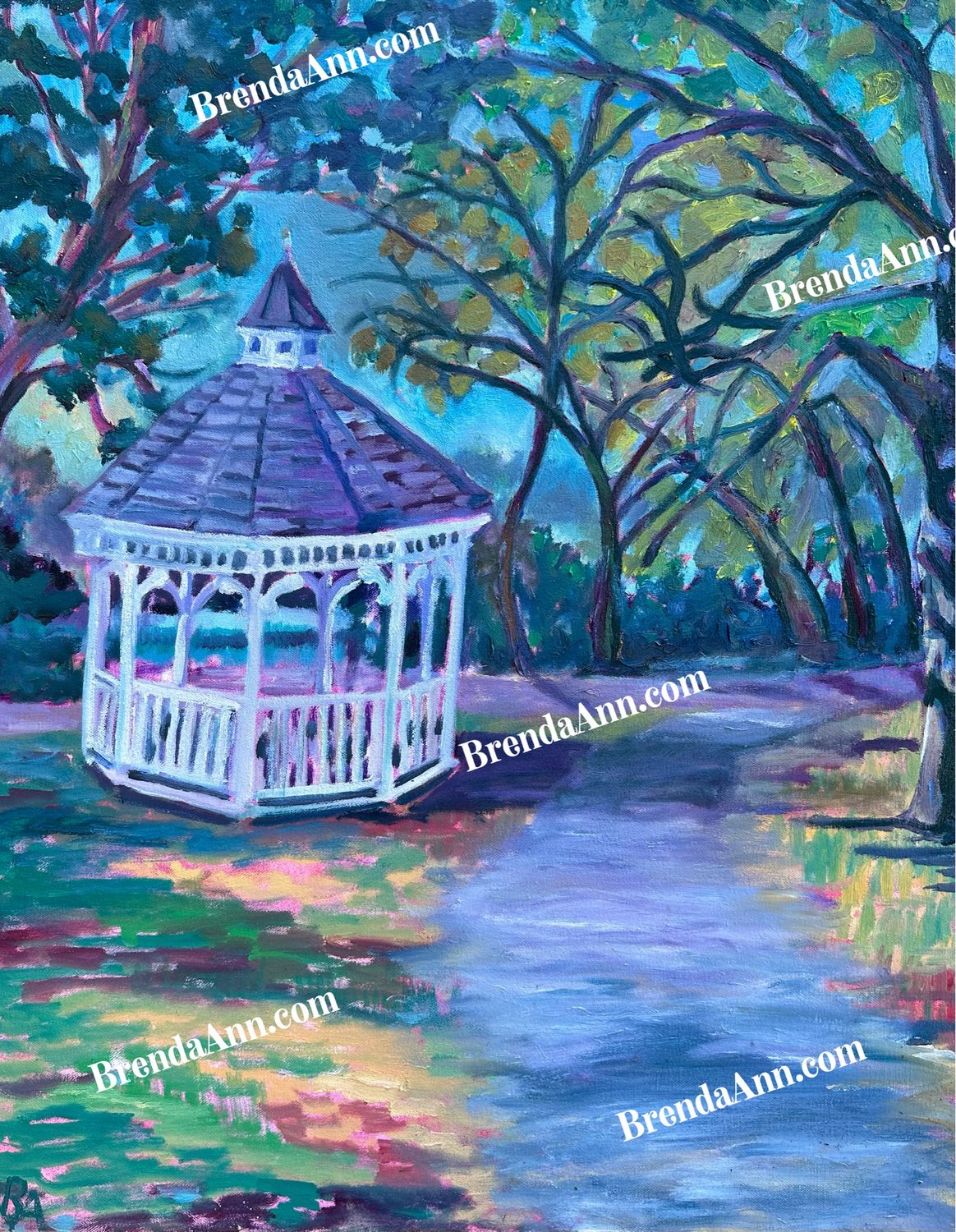 Oil Painting Landscape Art - Gazebo At Lake Fred At Stockton University Print