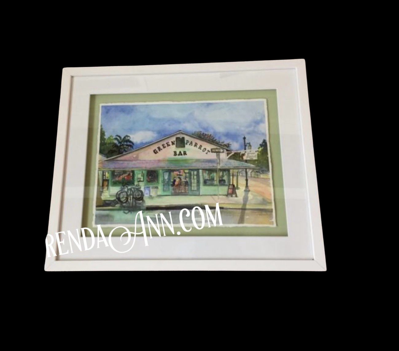 Key West Art - Green Parrot Bar FRAMED ORIGINAL Watercolor Painting