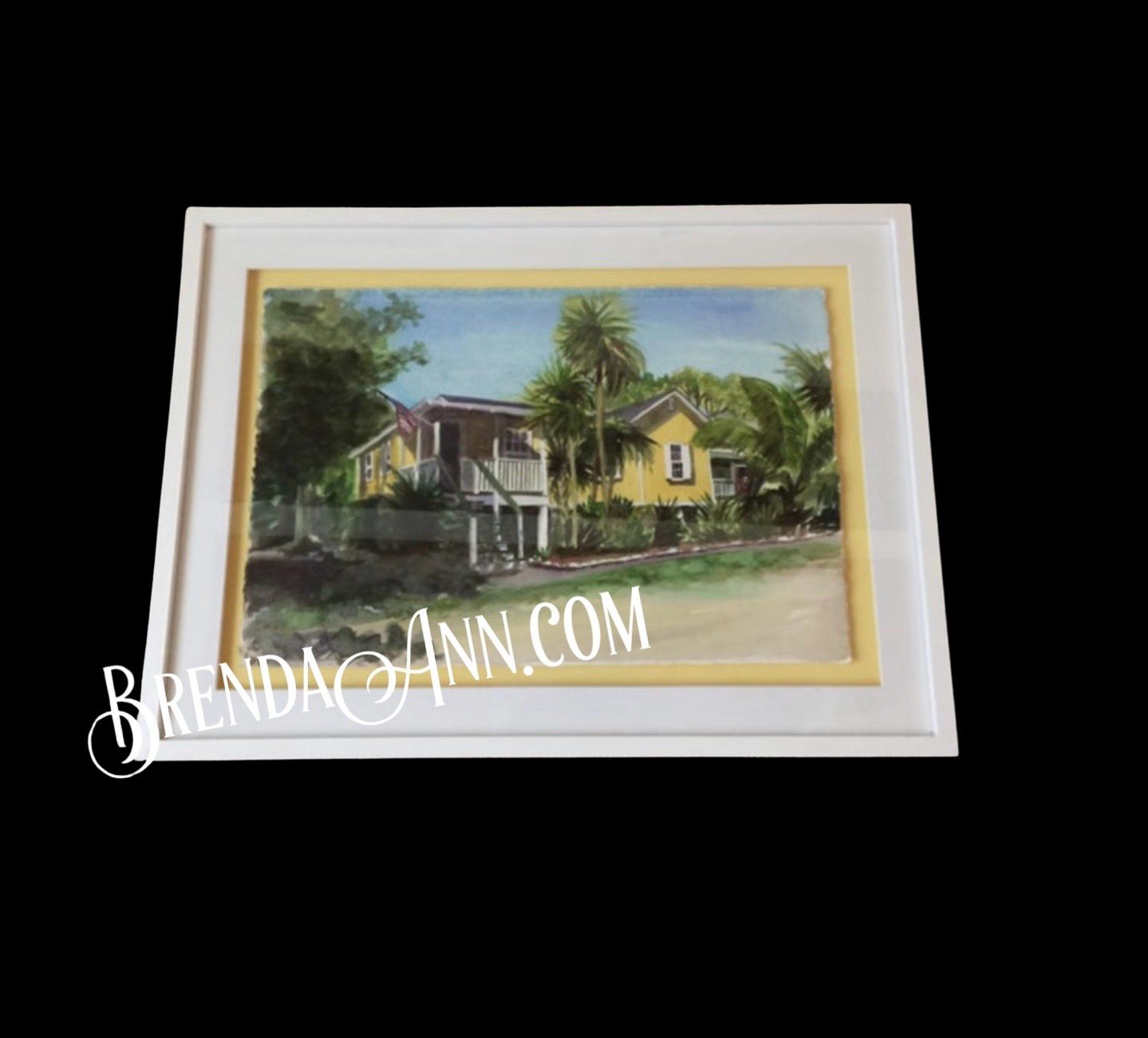 Key West Art - Yellow Cottage on Pigeon Key FRAMED ORIGINAL Watercolor Painting