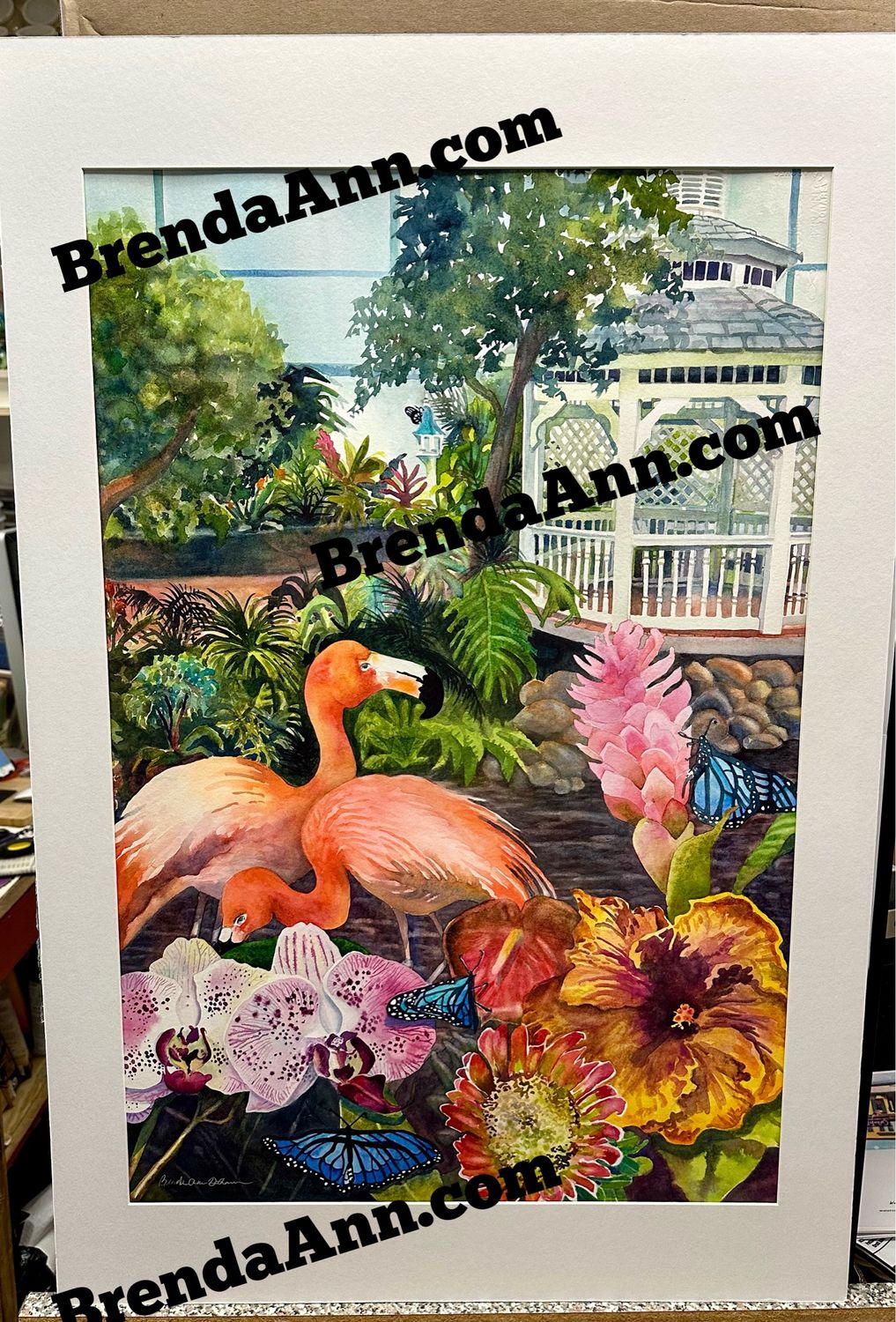 Key West Art - Butterfly Conservancy Flamingo Gazebo ORIGINAL Watercolor Painting