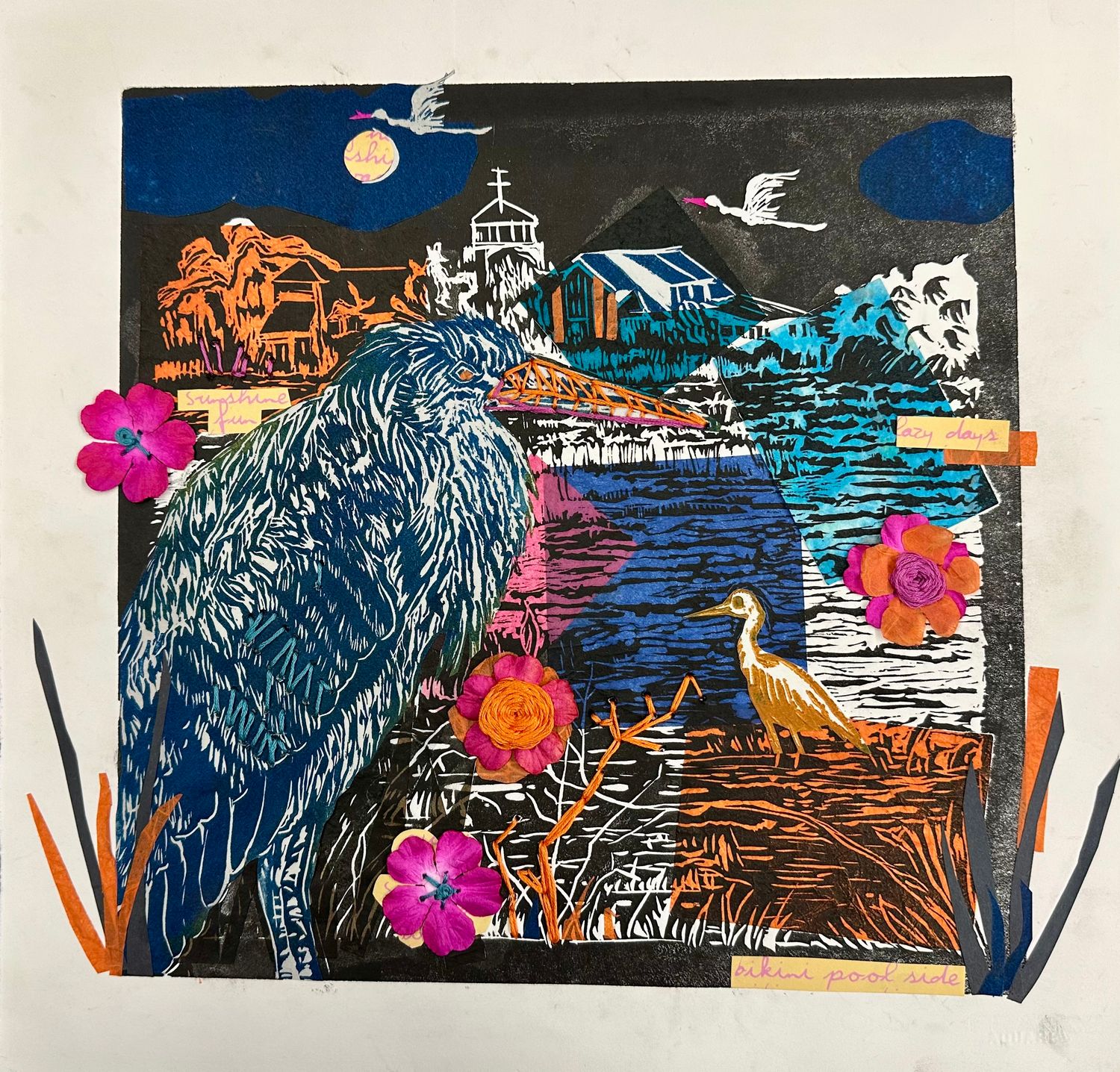 Wetlands Institute Collage Print - Linocut Printmaking Wall Art 12x12 Inch with Border - Unframed