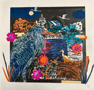 Wetlands Institute Collage Print - Linocut Printmaking Wall Art 12x12 Inch with Border - Unframed