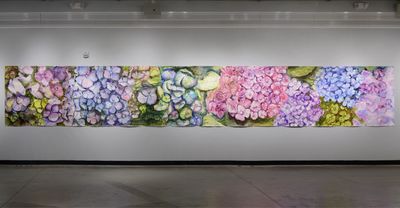 Life Cycle Hydrangea Watercolor Mural Painting - Botanical Floral UNFRAMED ORIGINAL Wall Art - Dimensions: 28.5 ft. x 52.5 in.