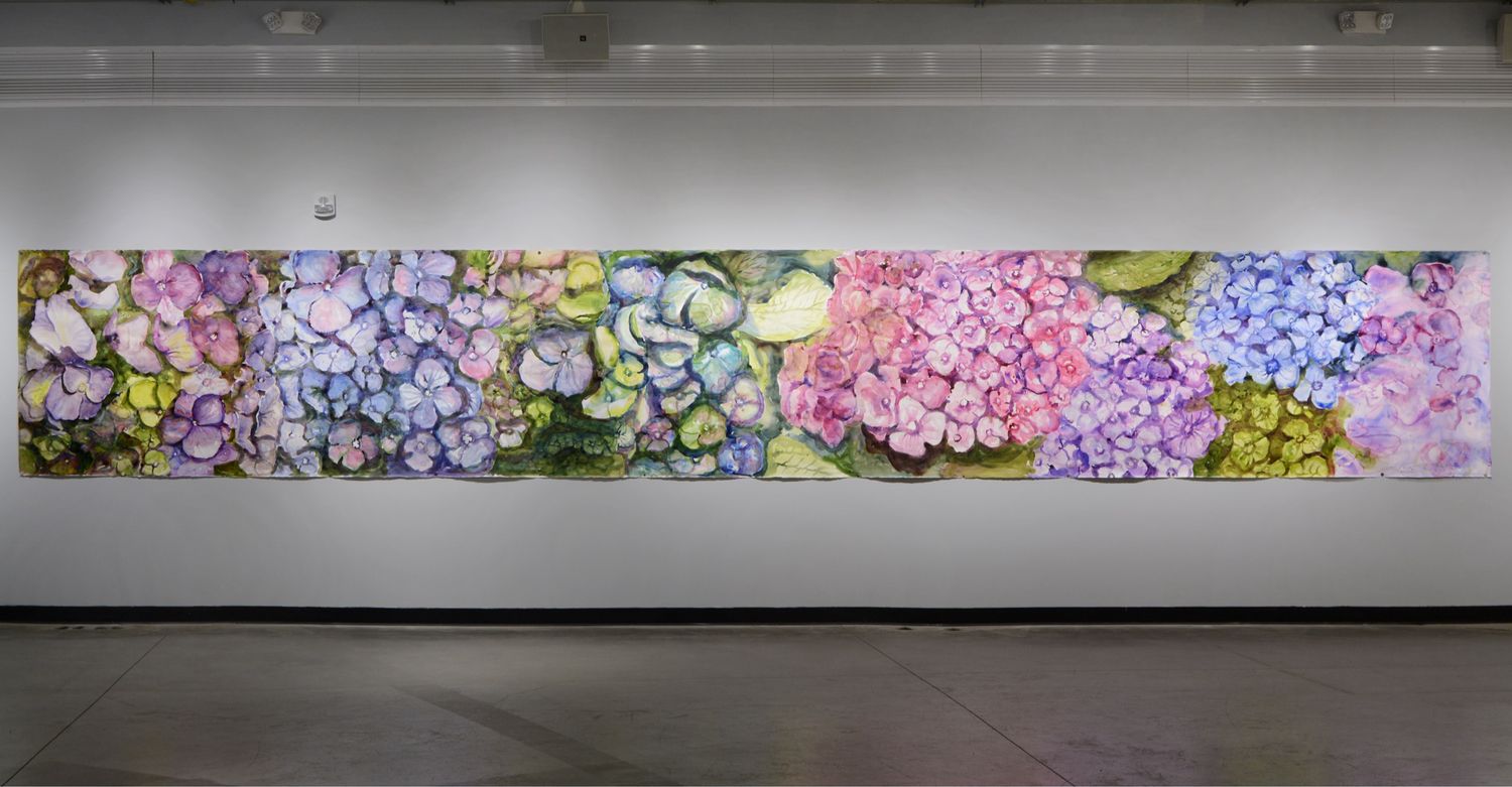 Life Cycle Hydrangea Watercolor Mural Painting - Botanical Floral UNFRAMED ORIGINAL Wall Art - Dimensions: 28.5 ft. x 52.5 in.