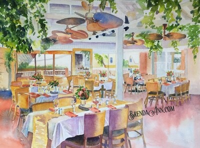 Rooftop Cafe Watercolor Print - Key West Florida Keys Beach House Art Gift