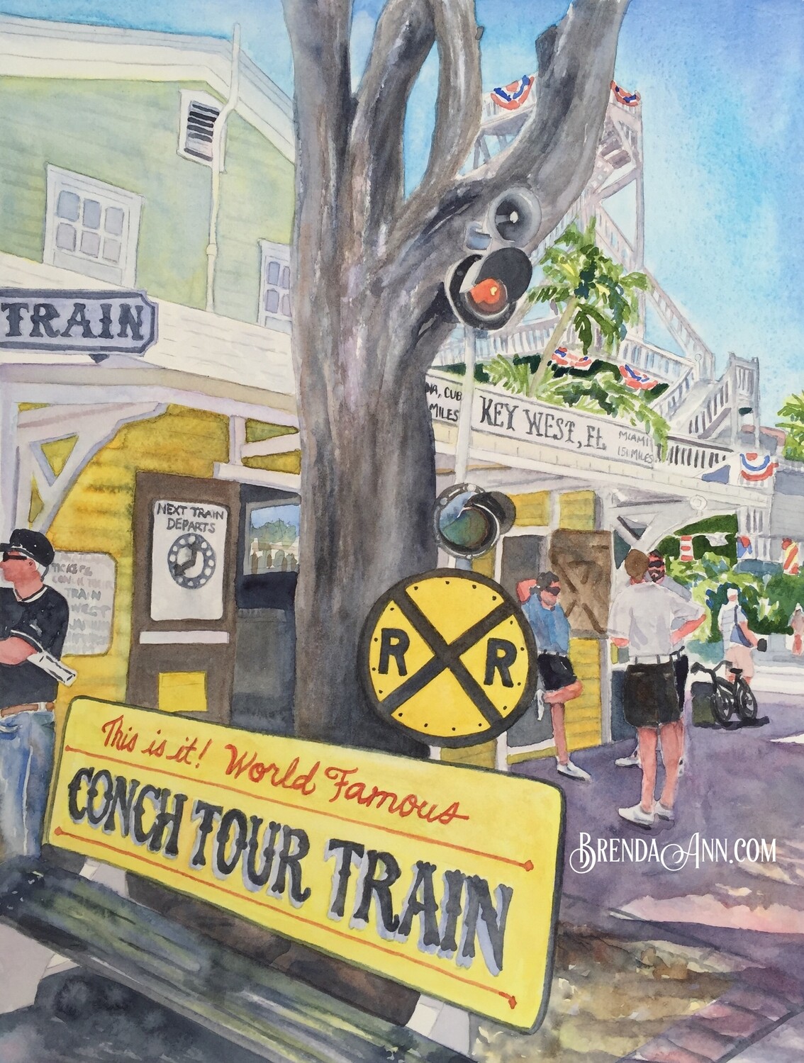 Conch Train Bench Watercolor Print - Key West Florida Keys Beach House Art Gift
