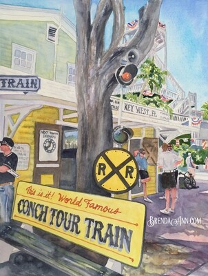 Conch Train Bench Watercolor Print - Key West Florida Keys Beach House Art Gift