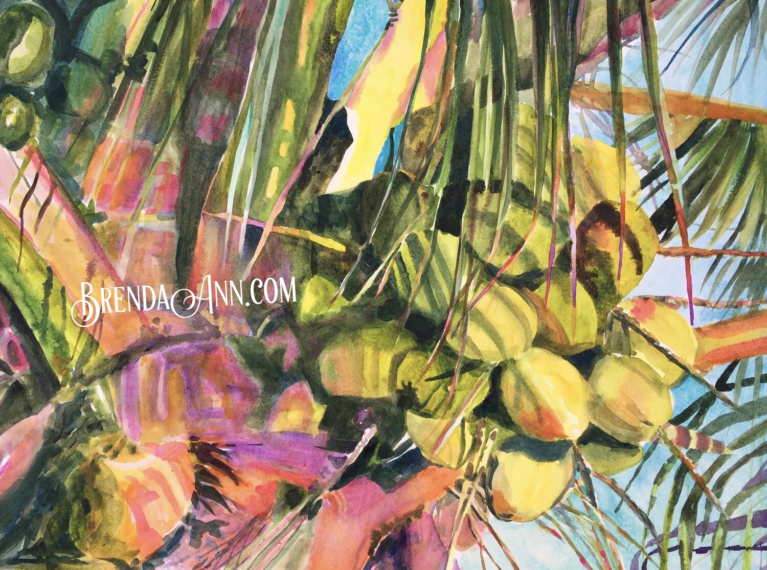 Sway to the Rhythm coconut palm tree watercolor art print by Brenda Ann, featuring tropical palm foliage inspired by island l