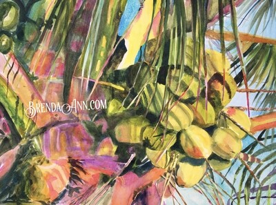 Sway to the Rhythm coconut palm tree watercolor art print by Brenda Ann, featuring tropical palm foliage inspired by island l