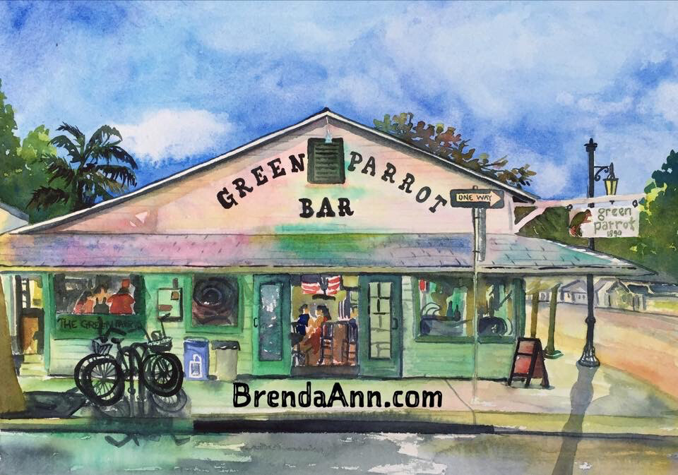 Green Parrot Bar Watercolor Print - Key West Florida Keys Beach House Art Gift